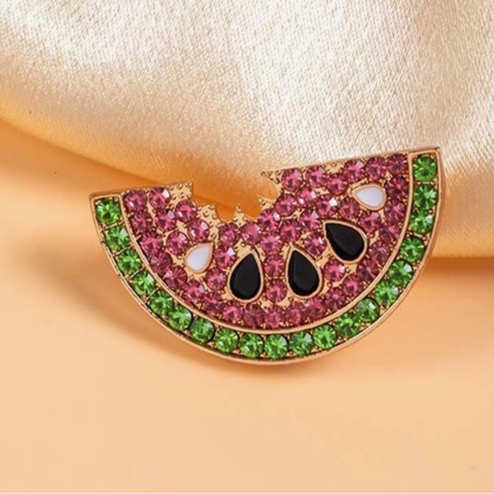 Watermelon Rhinestone Brooch – Sparkly Fruit Pin, Gold Tone - Picture 2 of 4